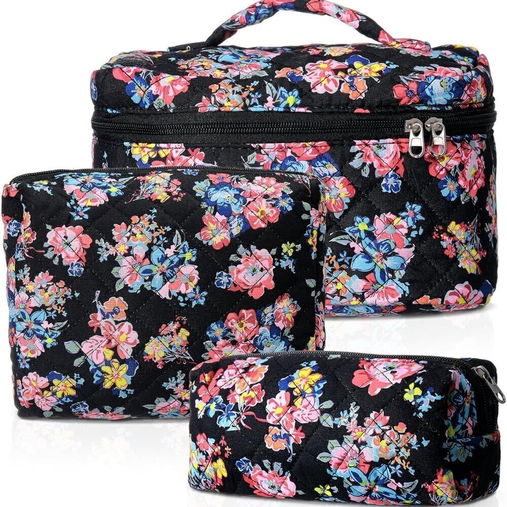 3 Pcs Quilted Makeup Bags Large Floral Cosmetic Bag for Women Cotton Makeup Bag